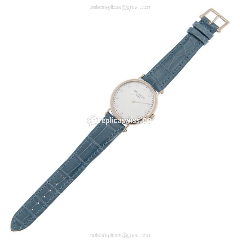Patek Philippe Replica - Automatic - 18kt White Gold - White Dial - Blue Alligator Strap - View 2