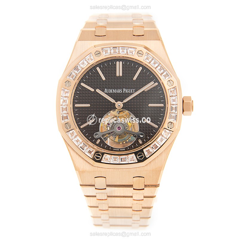 Audemars Piguet Royal Oak Replica - Manual - 18kt Rose Gold - Diamond Dial - Brown - Gold Strap - View 2