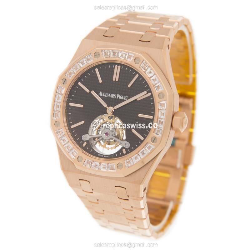 Audemars Piguet Royal Oak Replica - Manual - 18kt Rose Gold - Diamond Dial - Brown - Gold Strap - View 3