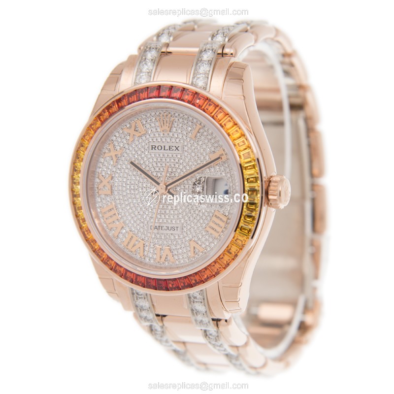Rolex Datejust Replica - Automatic - Rose Gold - Diamonds - Silver Dial, Gold Clasp & Gold Strap - View 3