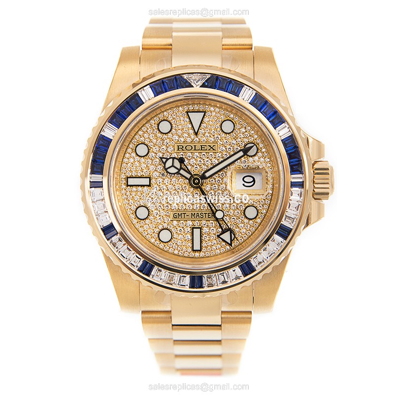 Rolex GMT Master II Replica - Automatic - Gold Case - Diamond - Gold Dial - View 2