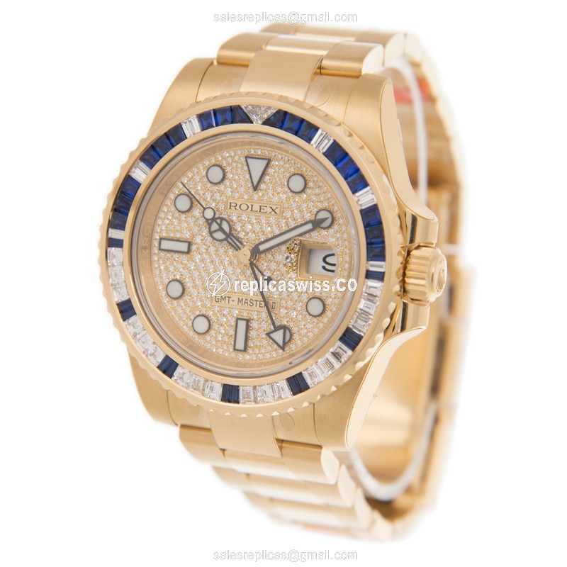 Rolex GMT Master II Replica - Automatic - Gold Case - Diamond - Gold Dial - View 3