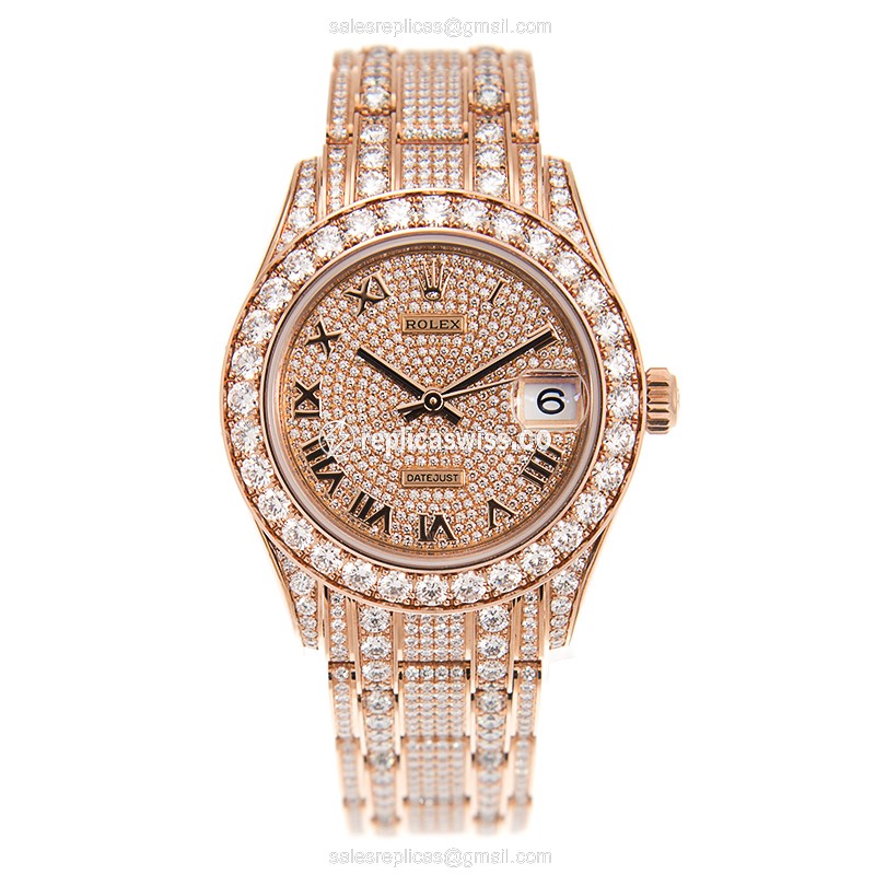 Rolex Datejust Replica - Automatic - 18kt Rose Gold Case & Diamonds - Gold Dial - View 2