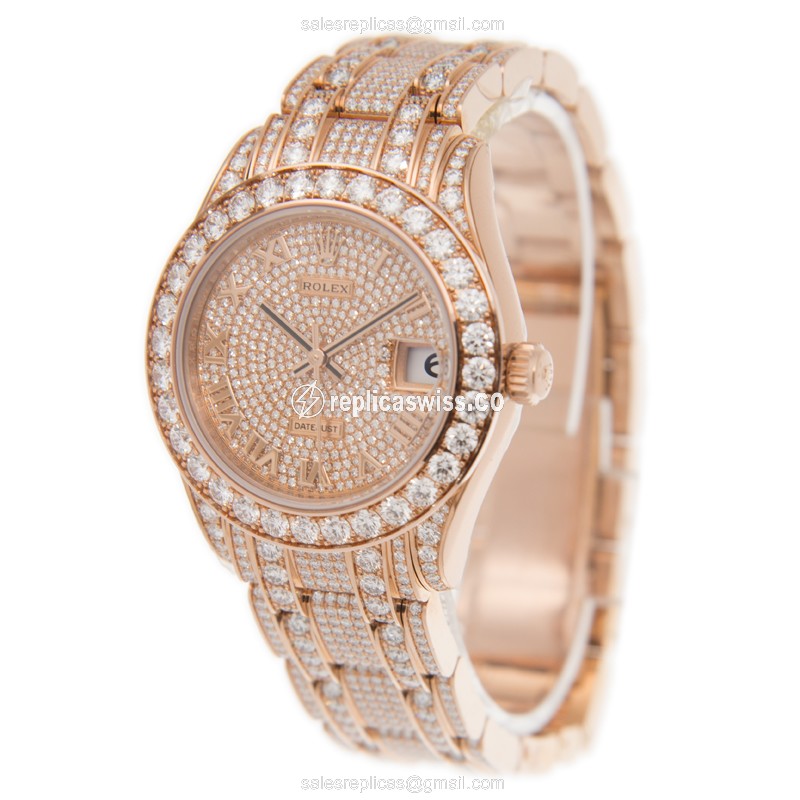Rolex Datejust Replica - Automatic - 18kt Rose Gold Case & Diamonds - Gold Dial - View 3