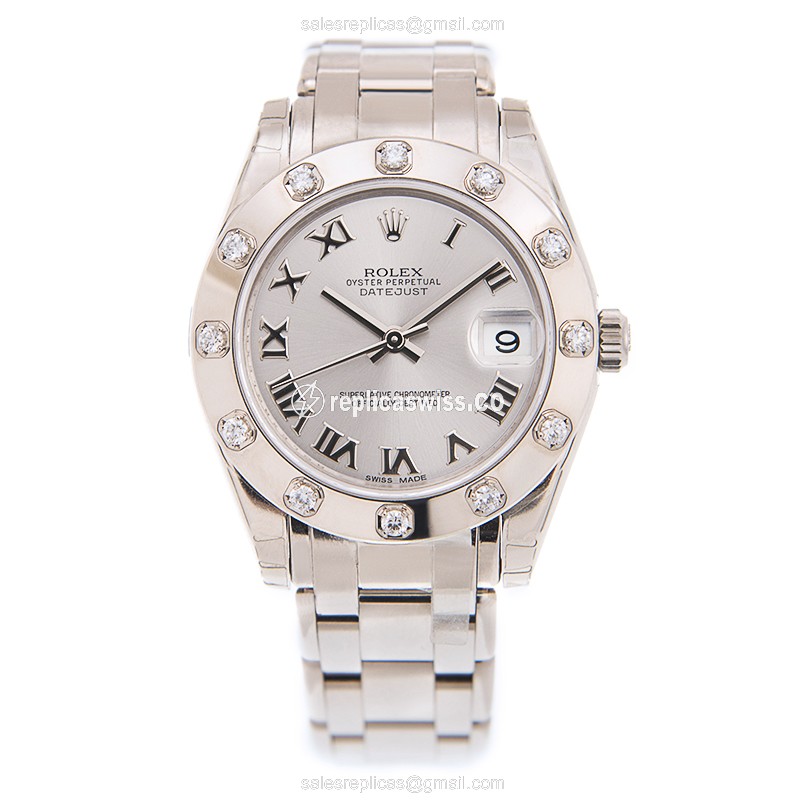 Rolex DATEJUST Replica - Automatic - White Gold - Diamond - Silver Dial - 18kt Gold Strap - View 2