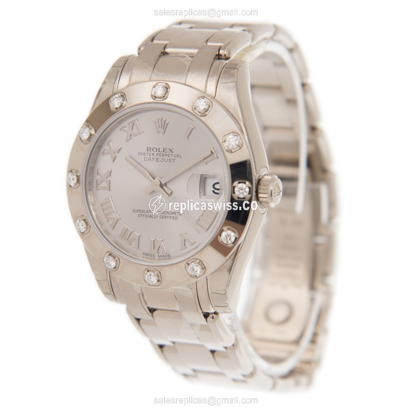 Rolex DATEJUST Replica - Automatic - White Gold - Diamond - Silver Dial - 18kt Gold Strap - View 3