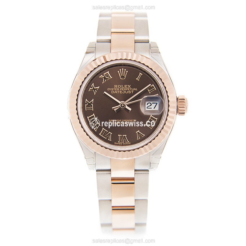 Rolex Lady Datejust Replica - Automatic - 18kt Rose Gold Case - Brown Dial on Gold Steel Strap - View 2