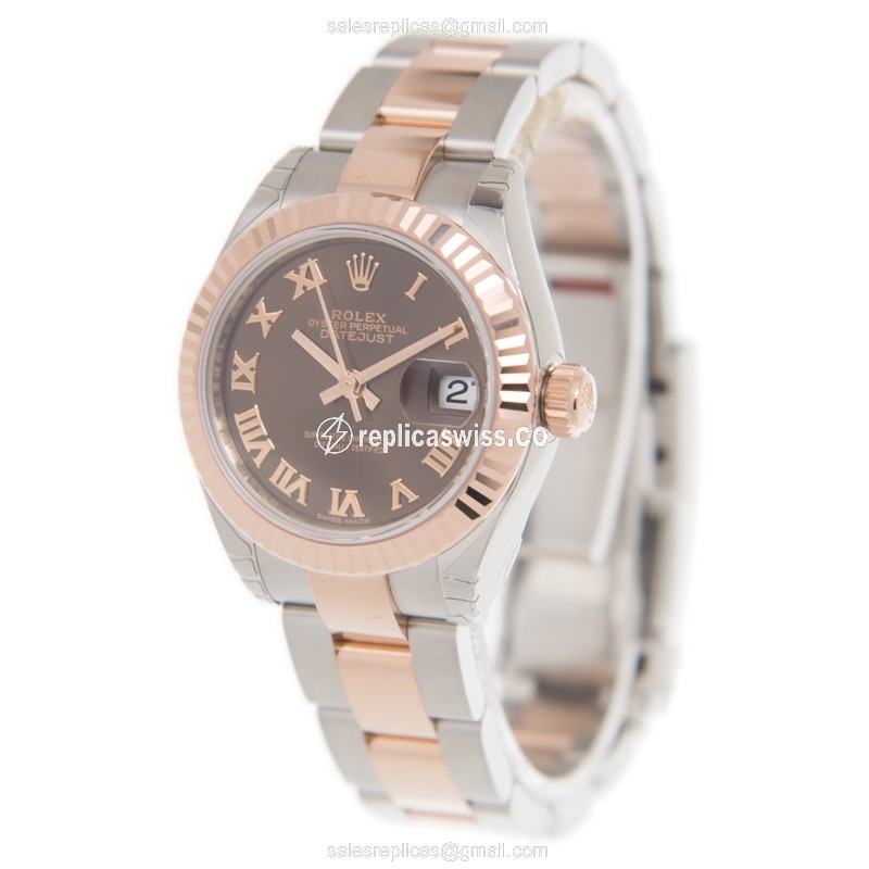 Rolex Lady Datejust Replica - Automatic - 18kt Rose Gold Case - Brown Dial on Gold Steel Strap - View 3