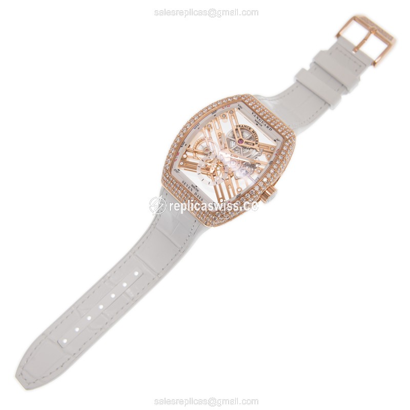 Franck Muller V 45 S6 SQT D 18kt Rose Gold Diamonds Automatic Gold Dial Buckle Leather White Strap - View 2