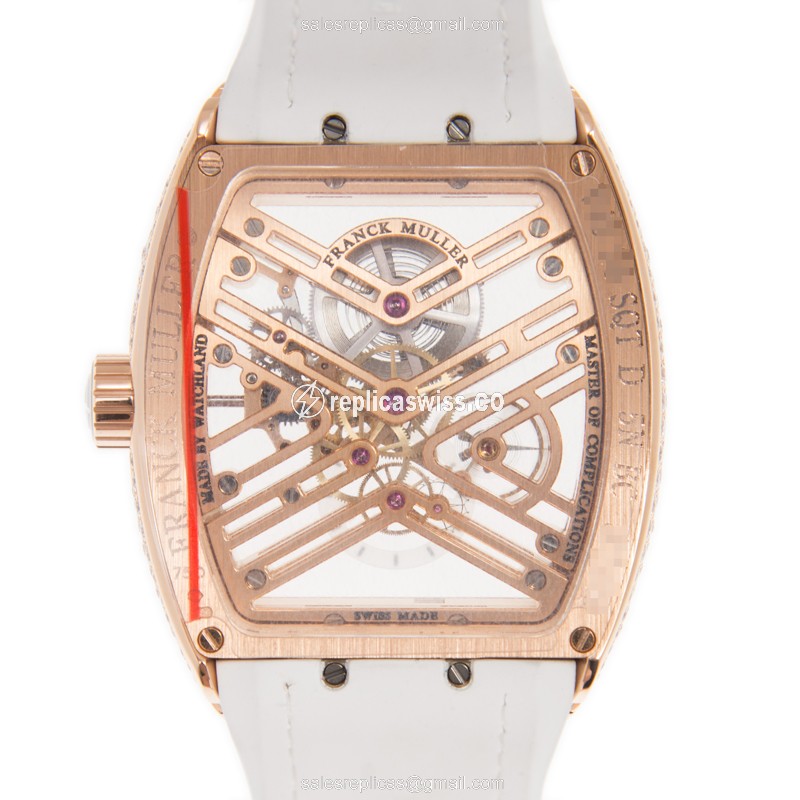 Franck Muller V 45 S6 SQT D 18kt Rose Gold Diamonds Automatic Gold Dial Buckle Leather White Strap - View 3