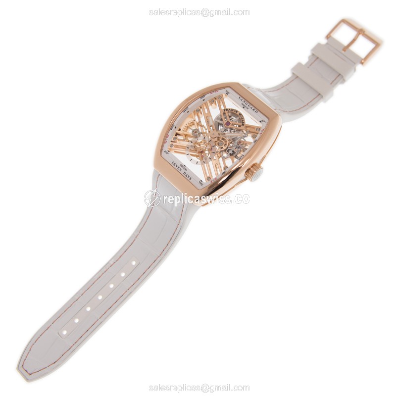 Franck Muller V 45 S6 SQT Vanguard - Auto 18kt Rose Gold - Gold Dial - Leather White Buckle - View 2