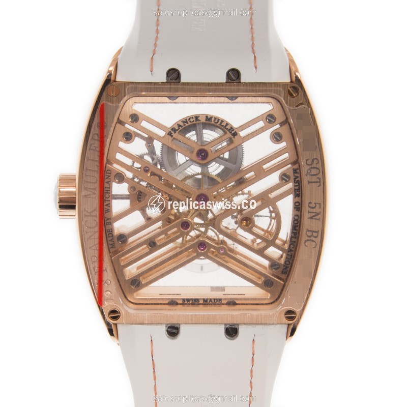Franck Muller V 45 S6 SQT Vanguard - Auto 18kt Rose Gold - Gold Dial - Leather White Buckle - View 3