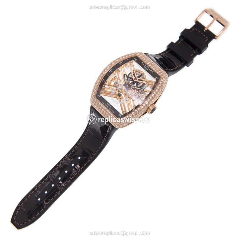 Franck Muller V45 S6 SQT D Vanguard Auto 18kt Rose Gold Diamonds - Gold Dial - Leather Black Buckle - View 2