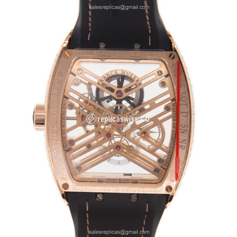 Franck Muller V45 S6 SQT D Vanguard Auto 18kt Rose Gold Diamonds - Gold Dial - Leather Black Buckle - View 3