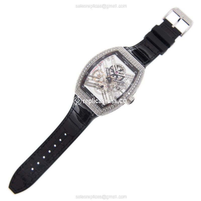 Franck Muller V 45 S6 SQT D AC.NR Vanguard Manual - Diamond Case, Silver Dial, Black Buckle Alligator Strap - View 2