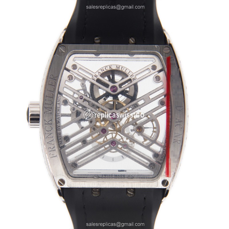 Franck Muller V 45 S6 SQT D AC.NR Vanguard Manual - Diamond Case, Silver Dial, Black Buckle Alligator Strap - View 3