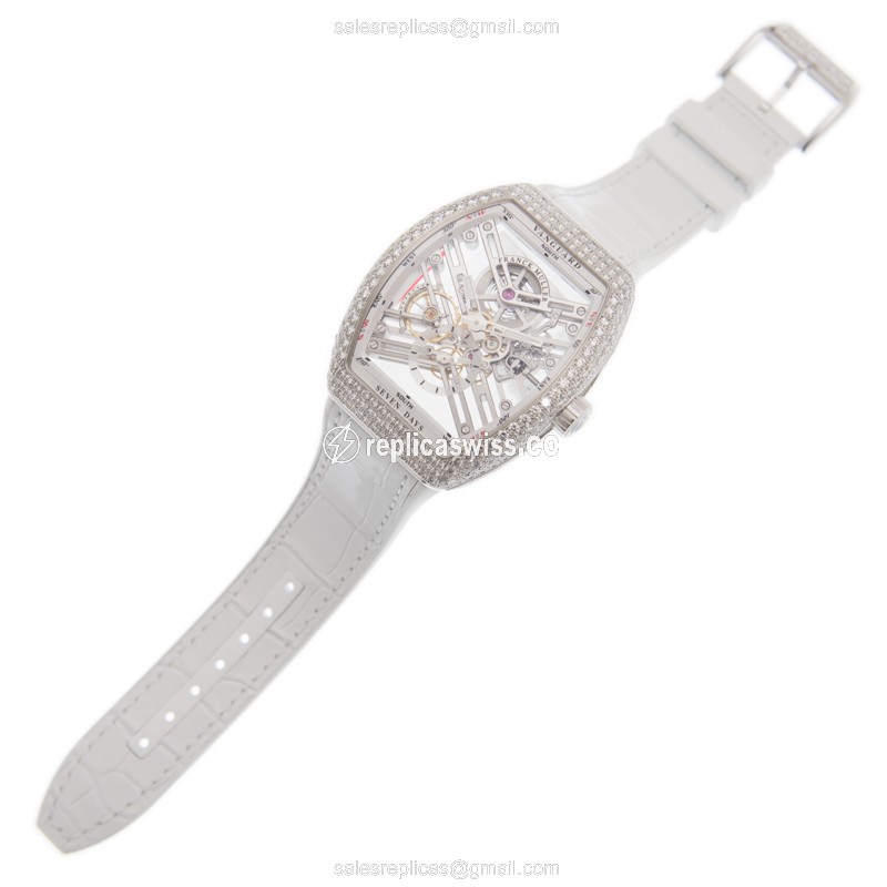 Franck Muller V 45 S6 SQT D Vanguard Manual - Diamond Case, Silver Dial - Buckle Clasp, Alligator White Strap - View 2