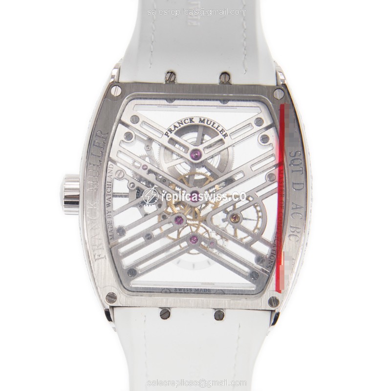 Franck Muller V 45 S6 SQT D Vanguard Manual - Diamond Case, Silver Dial - Buckle Clasp, Alligator White Strap - View 3