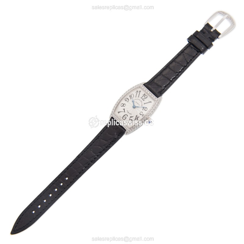 Franck Muller 1752 QZ D AC CINTREE CURVEX Quartz Diamond Case Silver Dial Buckle Black Alligator Strap Replica Watch - View 2
