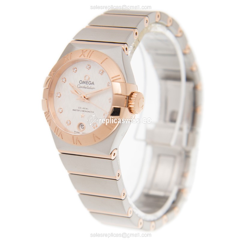 Omega Constellation Replica - Automatic - 18kt Rose Gold & Steel - Silver Dial - Gold Strap - View 3