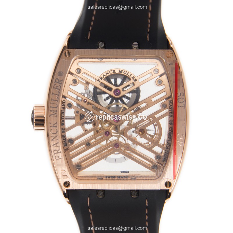Franck Muller V 45 S6 SQT Vanguard - Manual - 18kt Rose Gold - Gold Dial - Black Alligator Strap - View 3