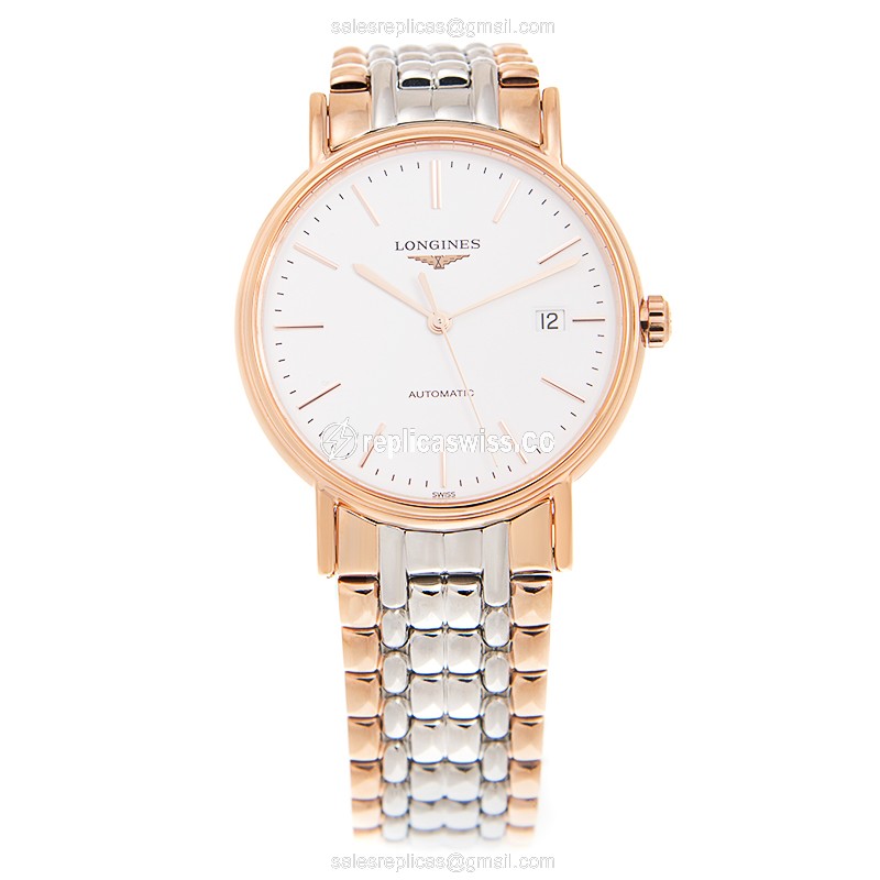 Longines PRESENCE Replica - Automatic - Rose Gold & Steel - White Dial, Steel Clasp & Gold Strap - View 2