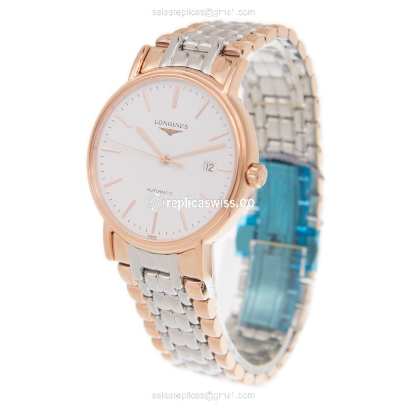 Longines PRESENCE Replica - Automatic - Rose Gold & Steel - White Dial, Steel Clasp & Gold Strap - View 3