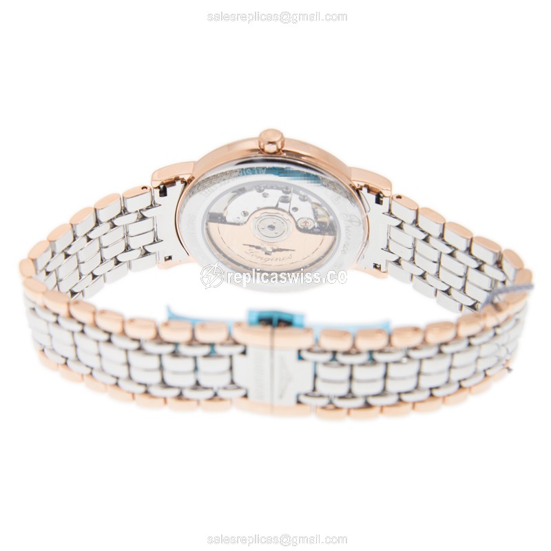 Longines PRESENCE Replica - Automatic - Rose Gold & Steel - White Dial, Steel Clasp & Gold Strap - View 4