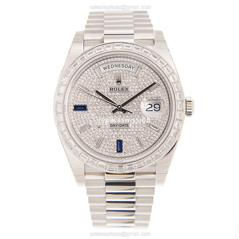Rolex DAY-DATE Replica | Automatic | Silver Case, Diamonds | Silver Dial - View 2