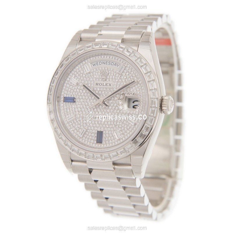 Rolex DAY-DATE Replica | Automatic | Silver Case, Diamonds | Silver Dial - View 3