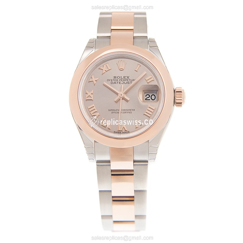 Rolex Lady Datejust Replica - Automatic 18kt Rose Gold Case - Pink Dial - Gold Steel Strap - View 2