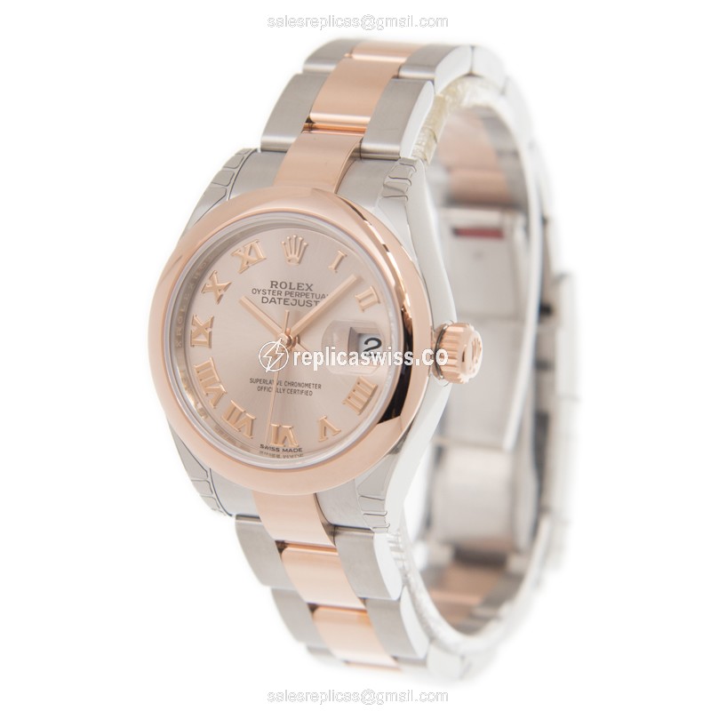 Rolex Lady Datejust Replica - Automatic 18kt Rose Gold Case - Pink Dial - Gold Steel Strap - View 3