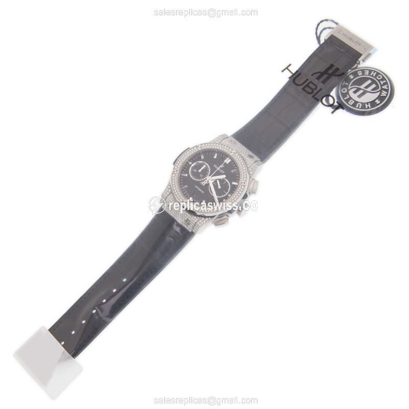 Hublot Classic Fusion Replica - Automatic - Titanium - Diamond Bezel - Black Dial - Alligator Strap - View 2