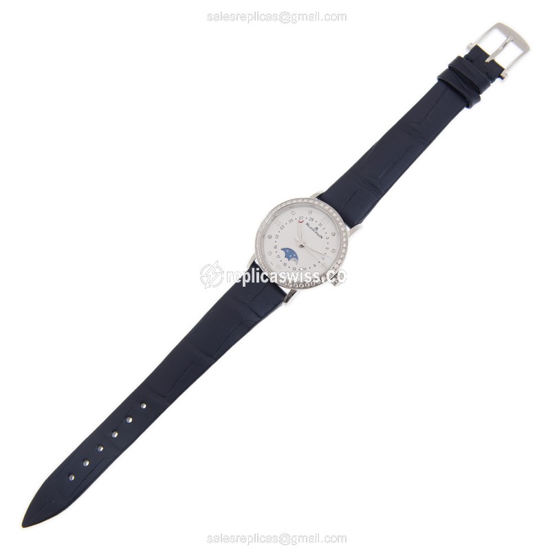 Blancpain Villeret Replica - Automatic - Stainless Steel - White Dial - Diamonds - Blue Alligator Strap - View 2