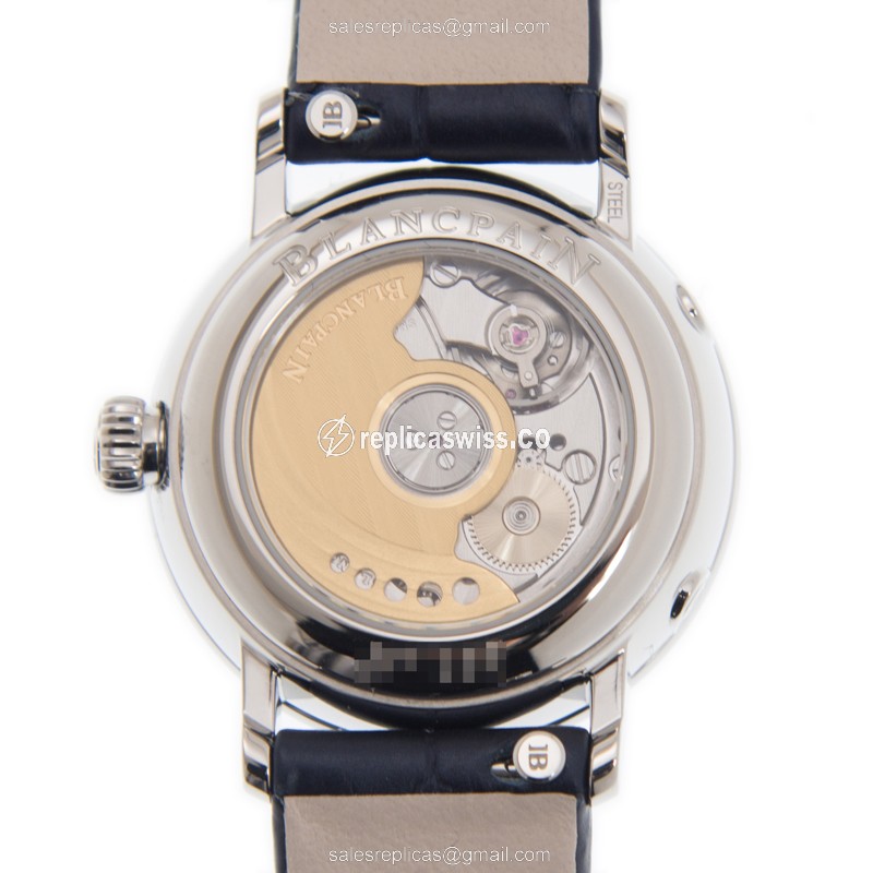 Blancpain Villeret Replica - Automatic - Stainless Steel - White Dial - Diamonds - Blue Alligator Strap - View 3