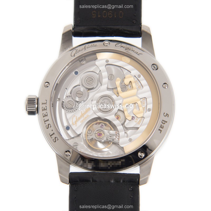 Glashutte Senator Automatic - Skeletonized - Steel Case - White Dial - Black Alligator Strap - View 3