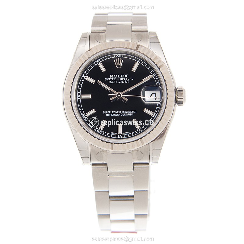 Rolex Lady Datejust Replica - Automatic - 18kt White Gold - Black Dial - Silver Strap - View 2