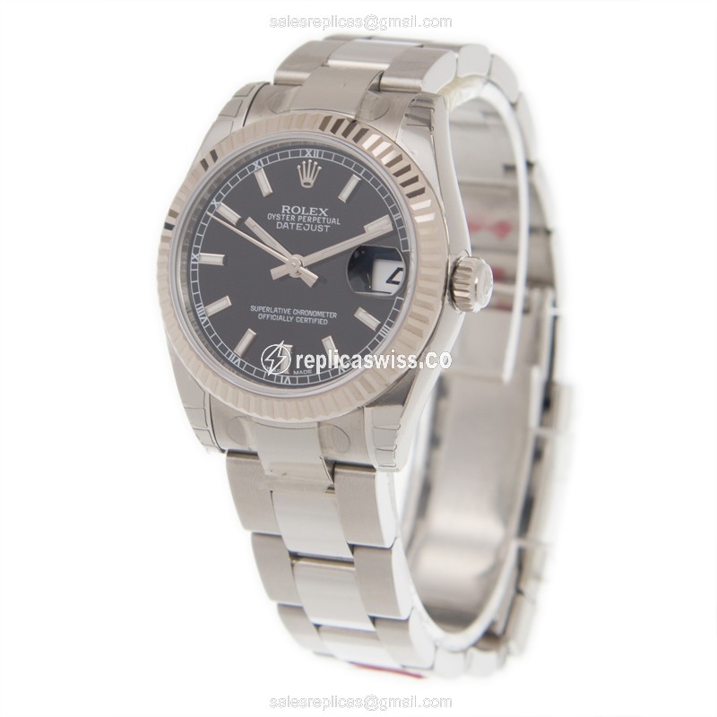 Rolex Lady Datejust Replica - Automatic - 18kt White Gold - Black Dial - Silver Strap - View 3
