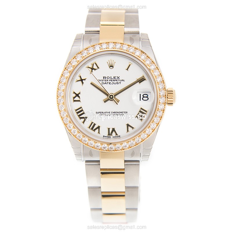 Rolex Lady Datejust Replica - Automatic - 18kt Rose - Diamond Bezel - White Dial - Gold Strap - View 2