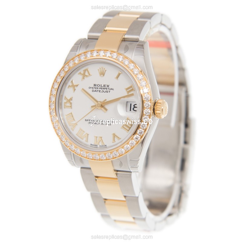 Rolex Lady Datejust Replica - Automatic - 18kt Rose - Diamond Bezel - White Dial - Gold Strap - View 3