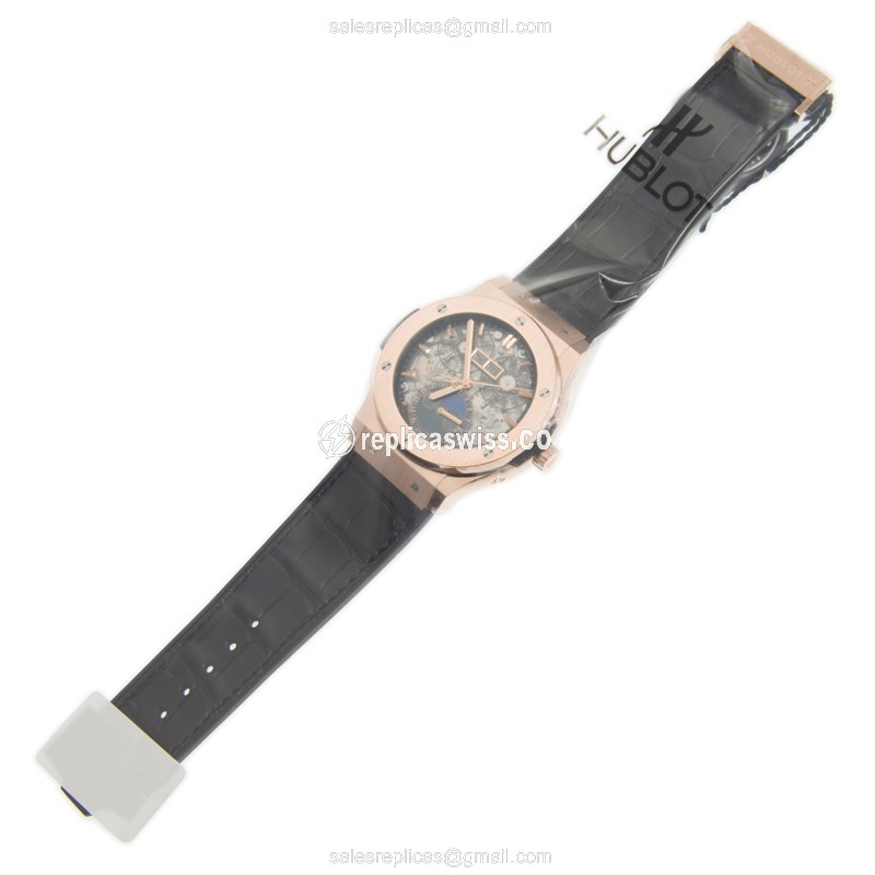 Hublot Classic Fusion Replica - Automatic - 18kt Rose Gold - Black Dial - Leather Strap - View 2