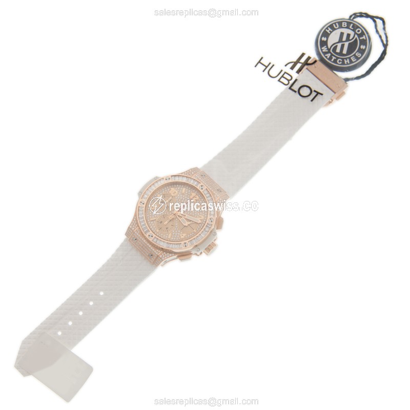 Hublot BIG BANG Replica - Automatic - 18kt Rose Gold - Diamonds - Silver Dial - White Rubber Strap - View 2