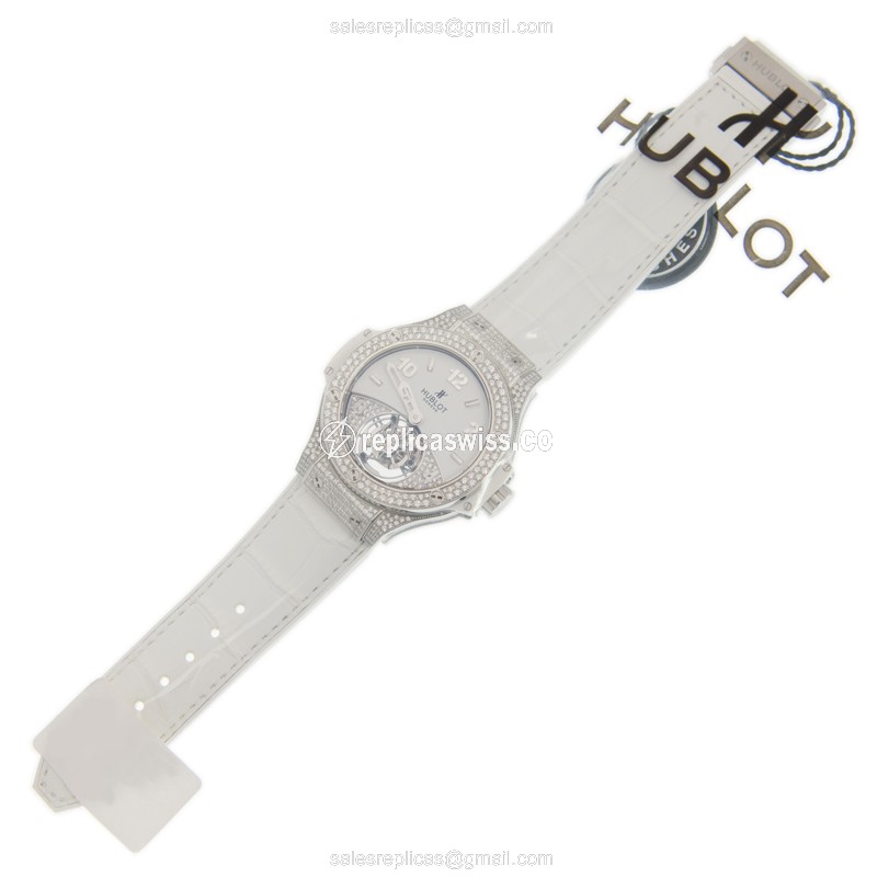 Hublot BIG BANG Replica - Manual - Stainless Steel & Diamonds - White Dial - Alligator Strap - View 2