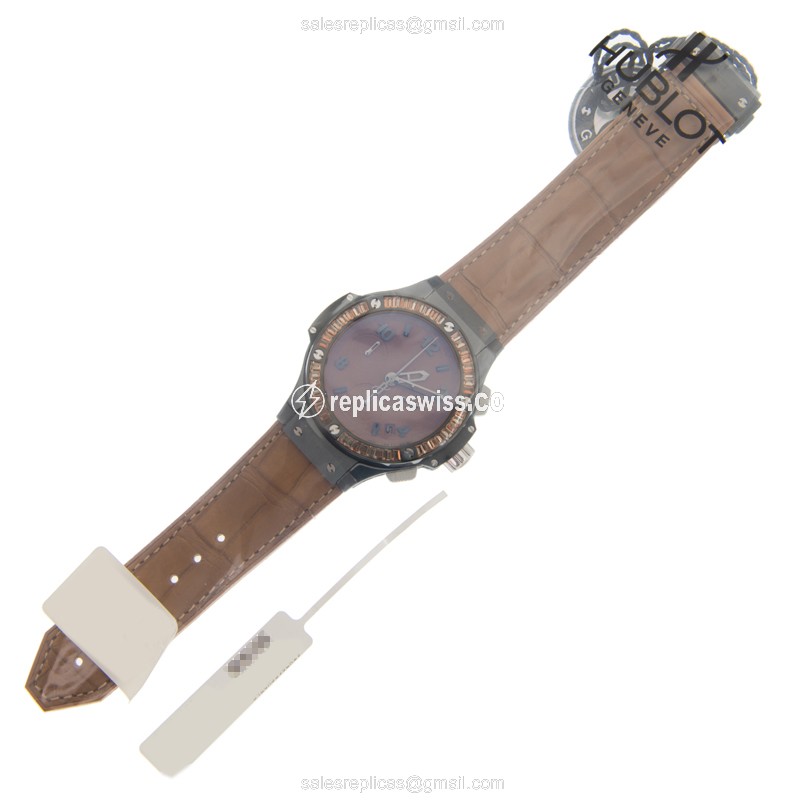 Hublot Big Bang Replica - Automatic - Ceramic - Diamonds - Brown Dial - Alligator Brown Strap - View 2