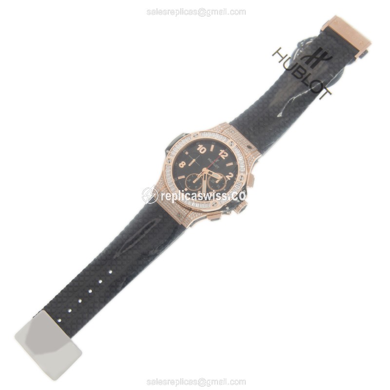 Hublot BIG BANG Replica - Auto - 18kt Rose Gold - Diamond Bezel - Black Dial - Rubber Strap - View 2