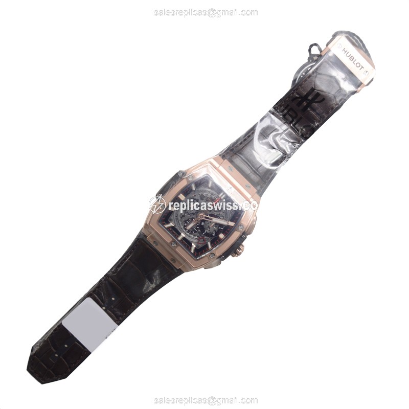 Hublot BIG BANG Replica - Automatic 18kt Rose Gold - Black Dial - Brown Alligator Strap - View 2
