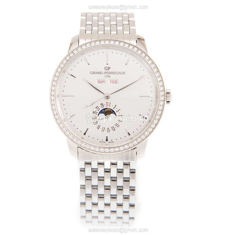 Girard Perregaux 1966 Replica - Automatic - Diamond Case - White Dial - Silver Steel Strap - View 2