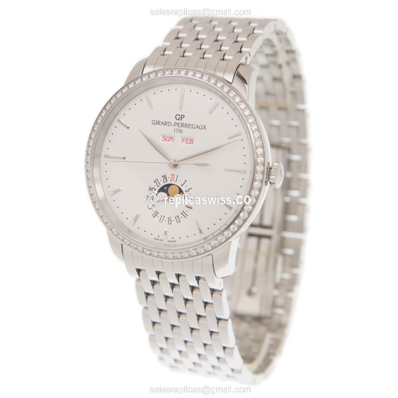 Girard Perregaux 1966 Replica - Automatic - Diamond Case - White Dial - Silver Steel Strap - View 3