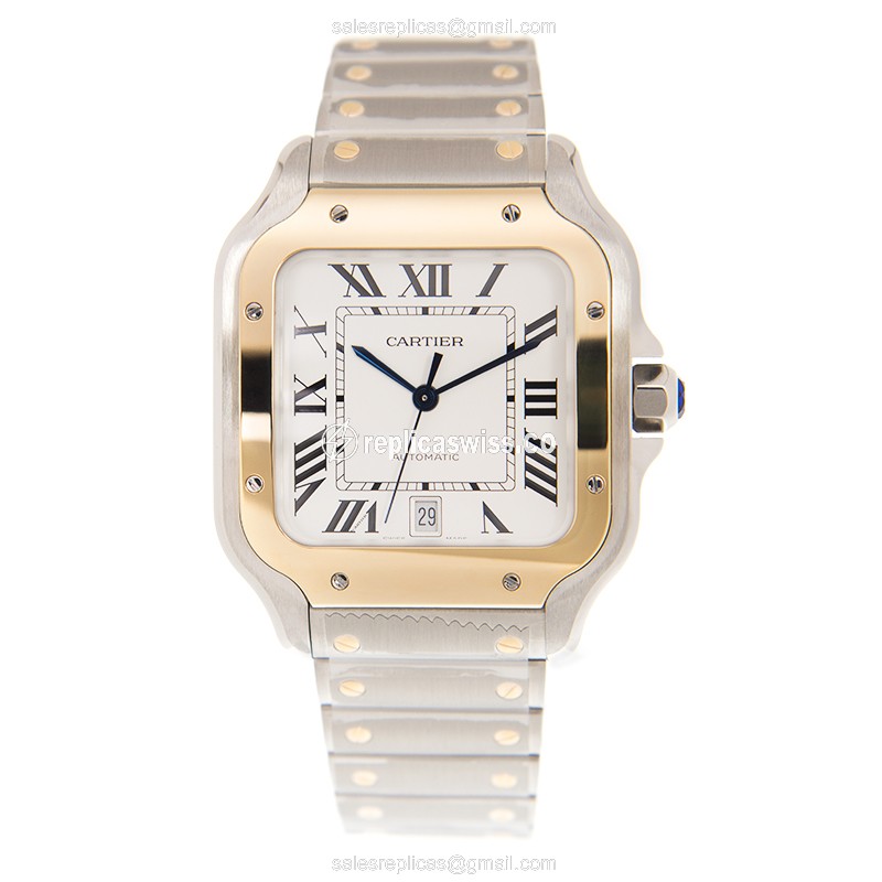 Cartier Santos Replica - Automatic - 18kt Gold & Steel - White Dial - Silver Clasp - View 2