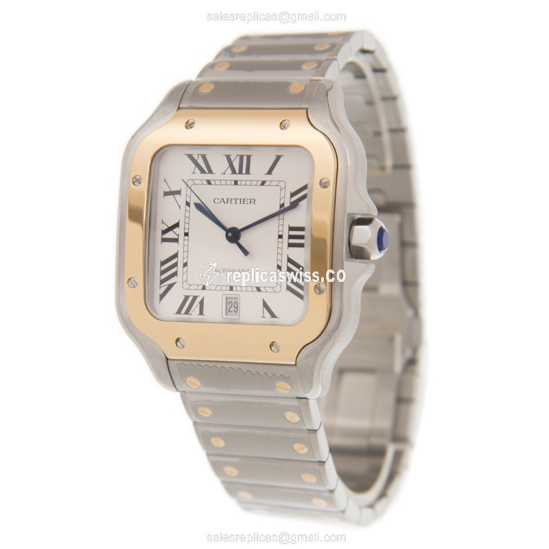 Cartier Santos Replica - Automatic - 18kt Gold & Steel - White Dial - Silver Clasp - View 3